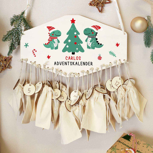 Personalisierter Adventskalender aus Holz mit Druckmotiv & Namen - Dinos