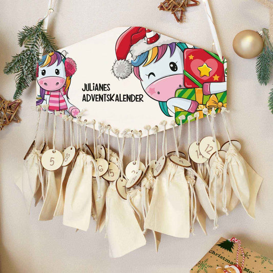 Personalisierter Adventskalender aus Holz mit Druckmotiv & Namen - Einhorn