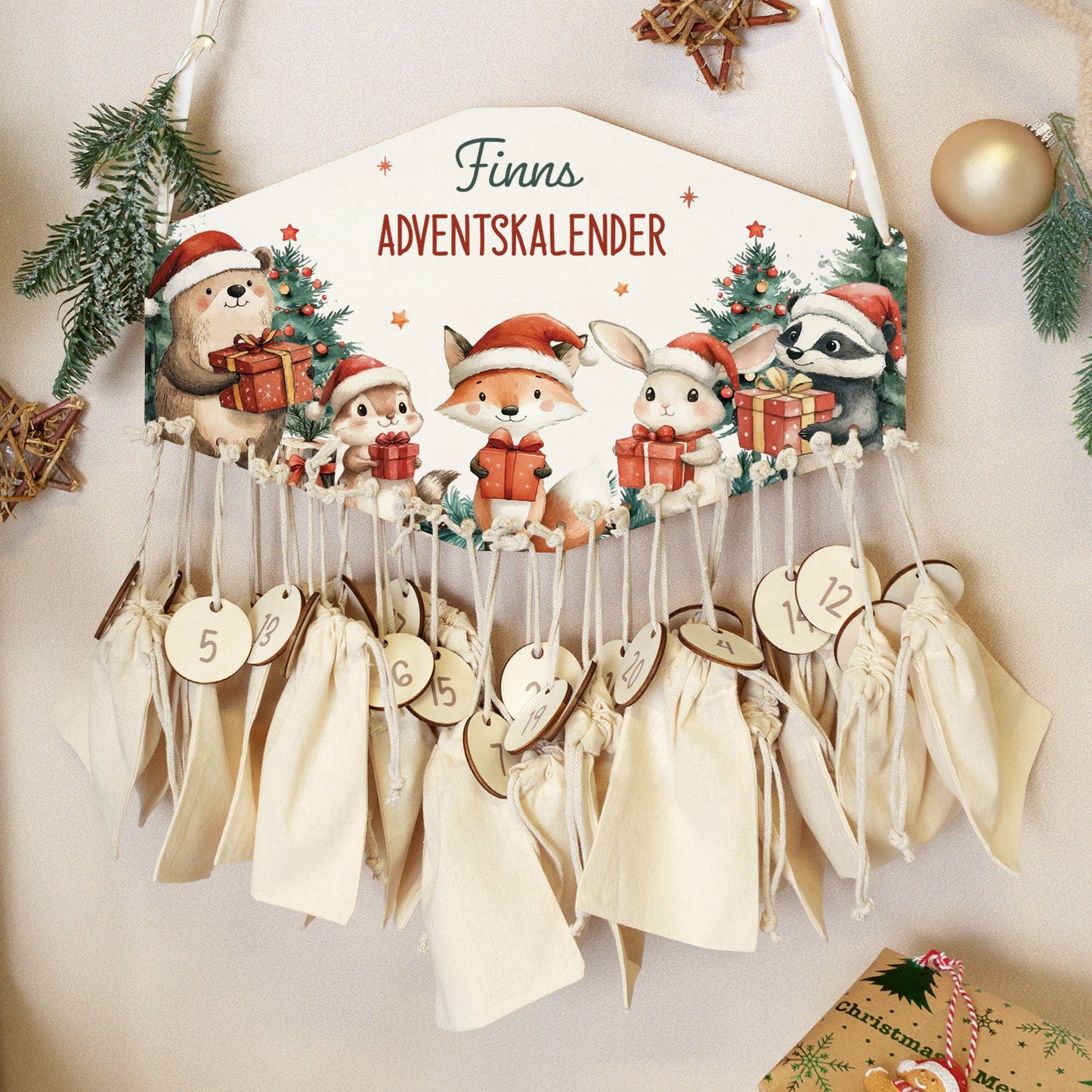Personalisierter Adventskalender aus Holz mit Druckmotiv & Namen - Geschenketiere