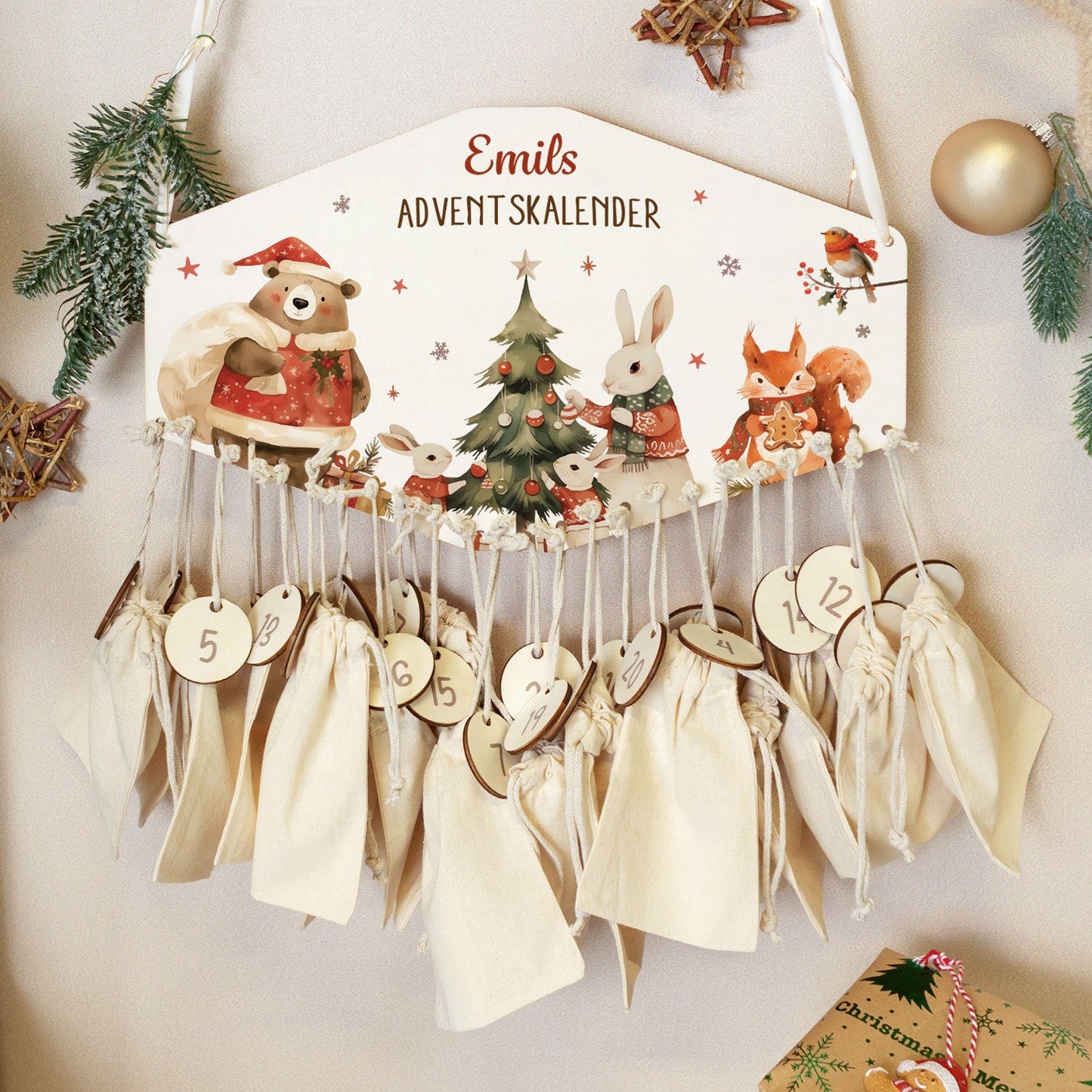 Personalisierter Adventskalender aus Holz mit Druckmotiv & Namen - Pullovertiere