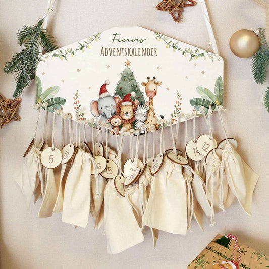 Personalisierter Adventskalender aus Holz mit Druckmotiv & Namen - Safari Weihnachten
