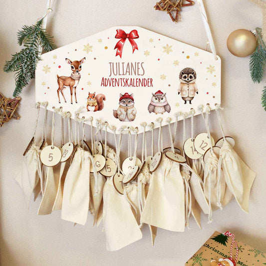 Personalisierter Adventskalender aus Holz mit Druckmotiv & Namen - Waldtiere