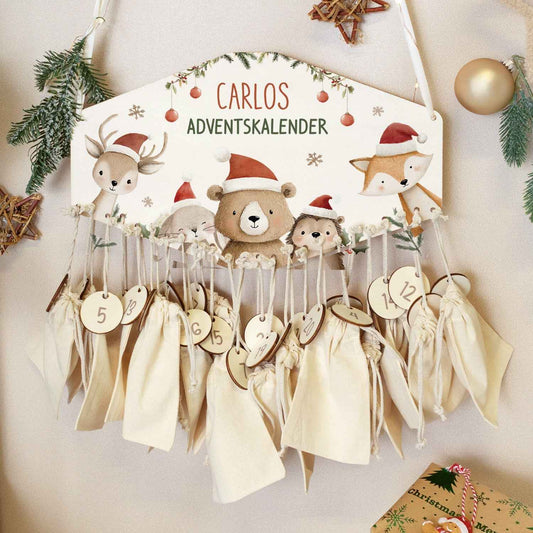 Personalisierter Adventskalender aus Holz mit Druckmotiv & Namen - Weihnachtsgruppe