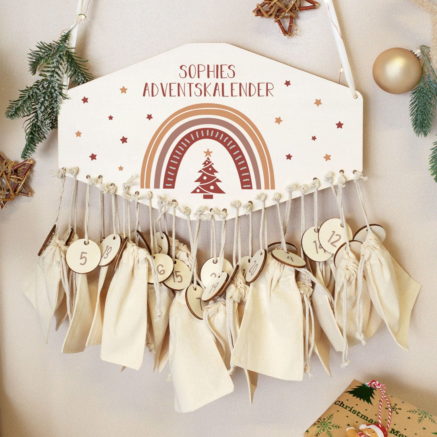Personalisierter Adventskalender aus Holz mit Druckmotiv & Namen - Regenbogen