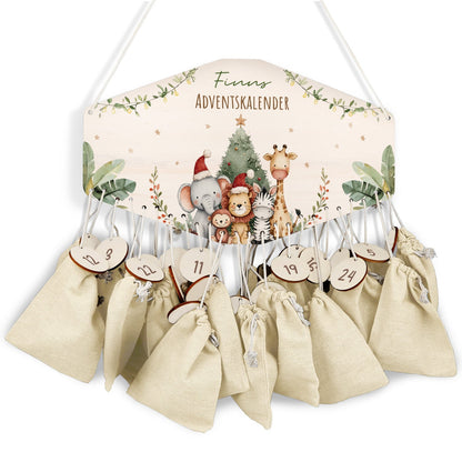 Personalisierter Adventskalender aus Holz mit Druckmotiv & Namen - Safari Weihnachten