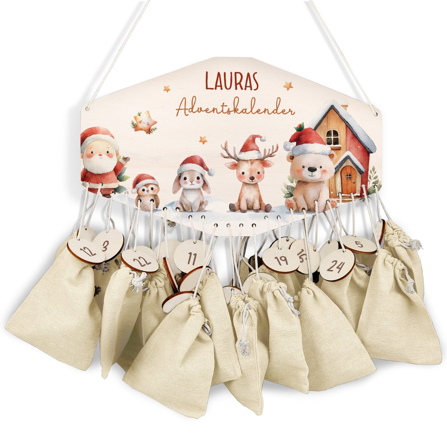 Personalisierter Adventskalender aus Holz mit Druckmotiv & Namen - Schneetiere