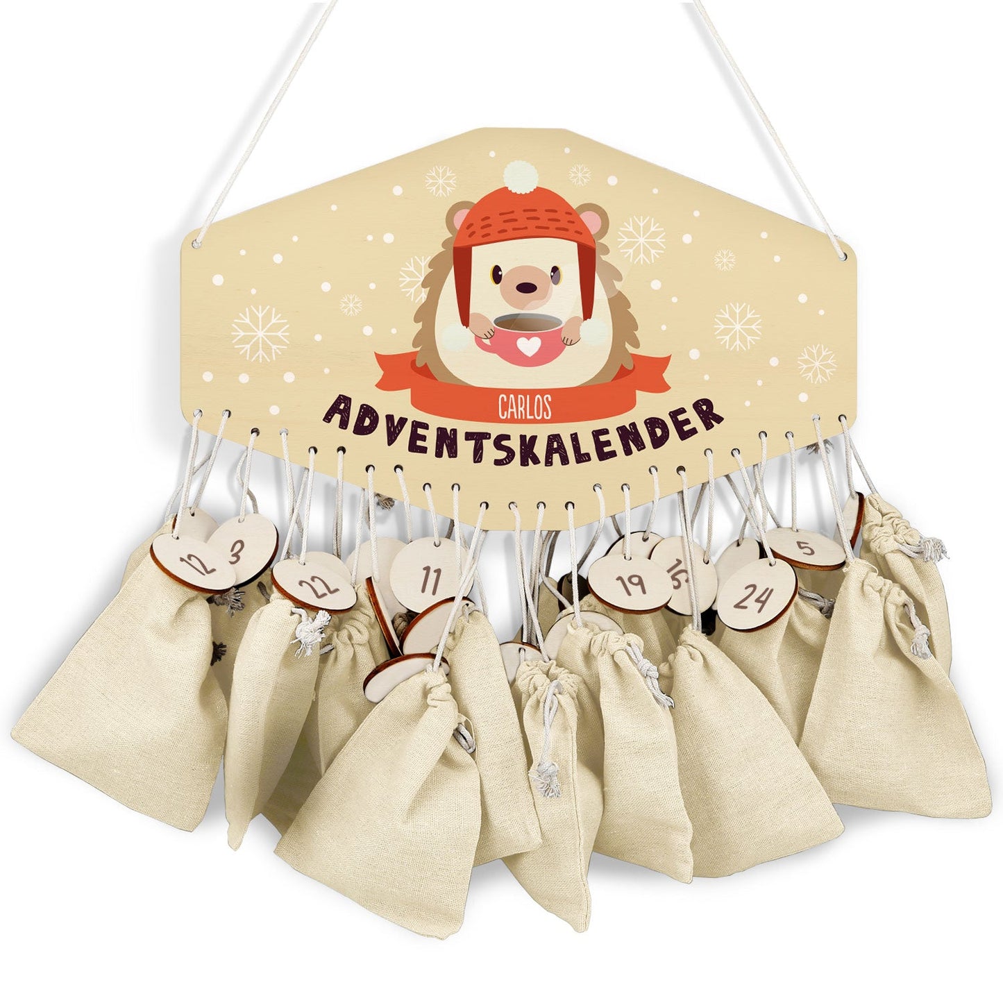 Personalisierter Adventskalender aus Holz mit Druckmotiv & Namen - Wintertiere