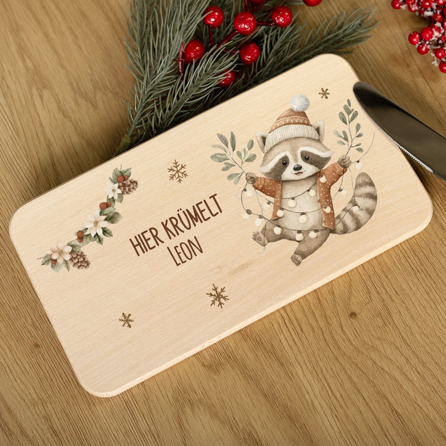 Frühstücksbrettchen zu Weihnachten - Waschbär - personalisiert mit Name