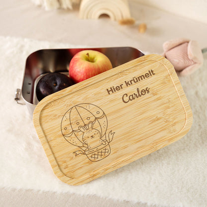 Brotdose mit graviertem Deckel für Kinder im "Hase im Ballon" Design