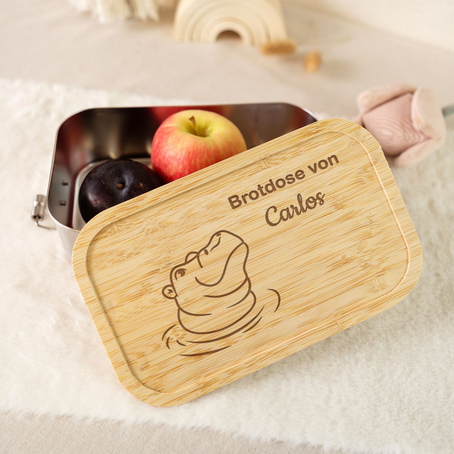 Brotdose mit graviertem Deckel für Kinder im "Nilpferd" Design
