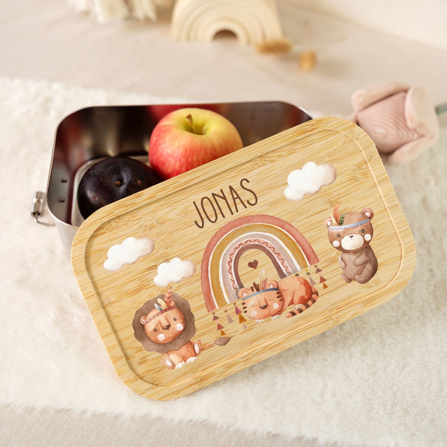 Brotdose mit Deckel für Kinder mit UV-Druck im "Regenbogen Indianer" Design