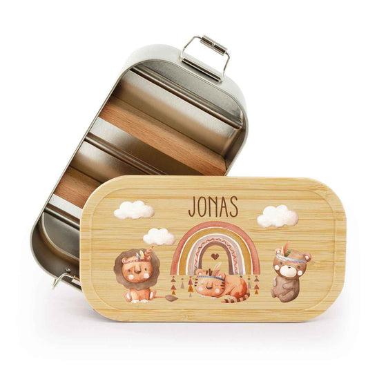 Brotdose mit Deckel für Kinder mit UV-Druck im "Regenbogen Indianer" Design