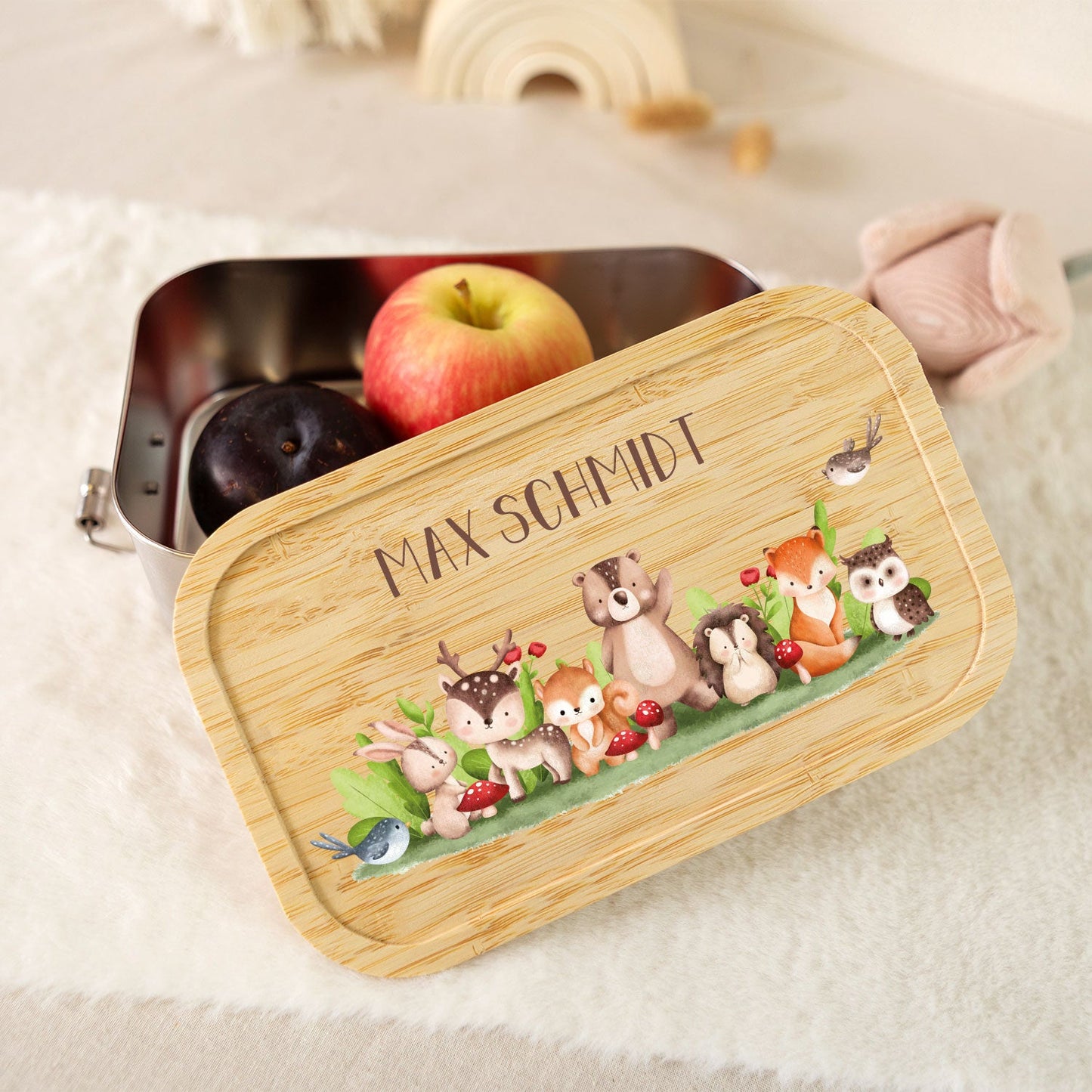 Brotdose mit Deckel für Kinder mit UV-Druck im "Tiergruppe Waldtiere" Design