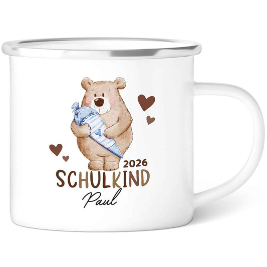Emaille Tasse für Kinder - Schulbär - Personalisiert mit Namen