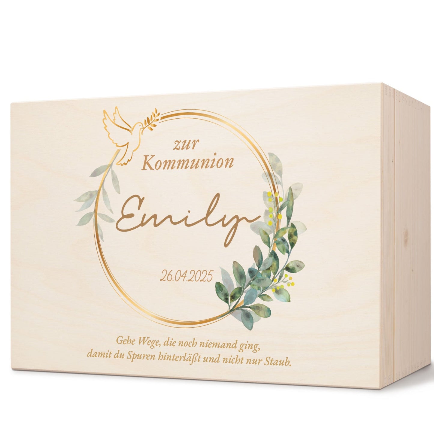 Bedruckte Erinnerungskiste zur Kommunion & Konfirmation - Taube Gold