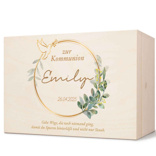 Bedruckte Erinnerungskiste zur Kommunion & Konfirmation - Taube Gold
