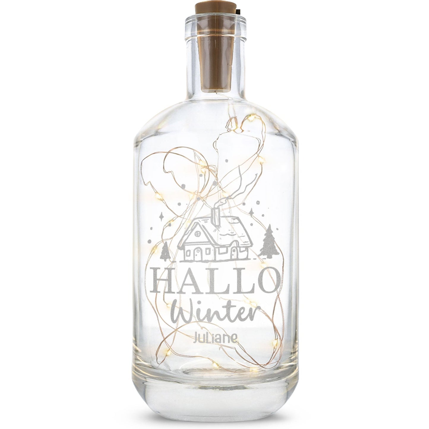 Flaschenlicht mit LED-Lichterkette im Hallo Winter Design - Personalisiert mit Namen