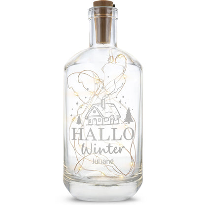 Flaschenlicht mit LED-Lichterkette im Hallo Winter Design - Personalisiert mit Namen