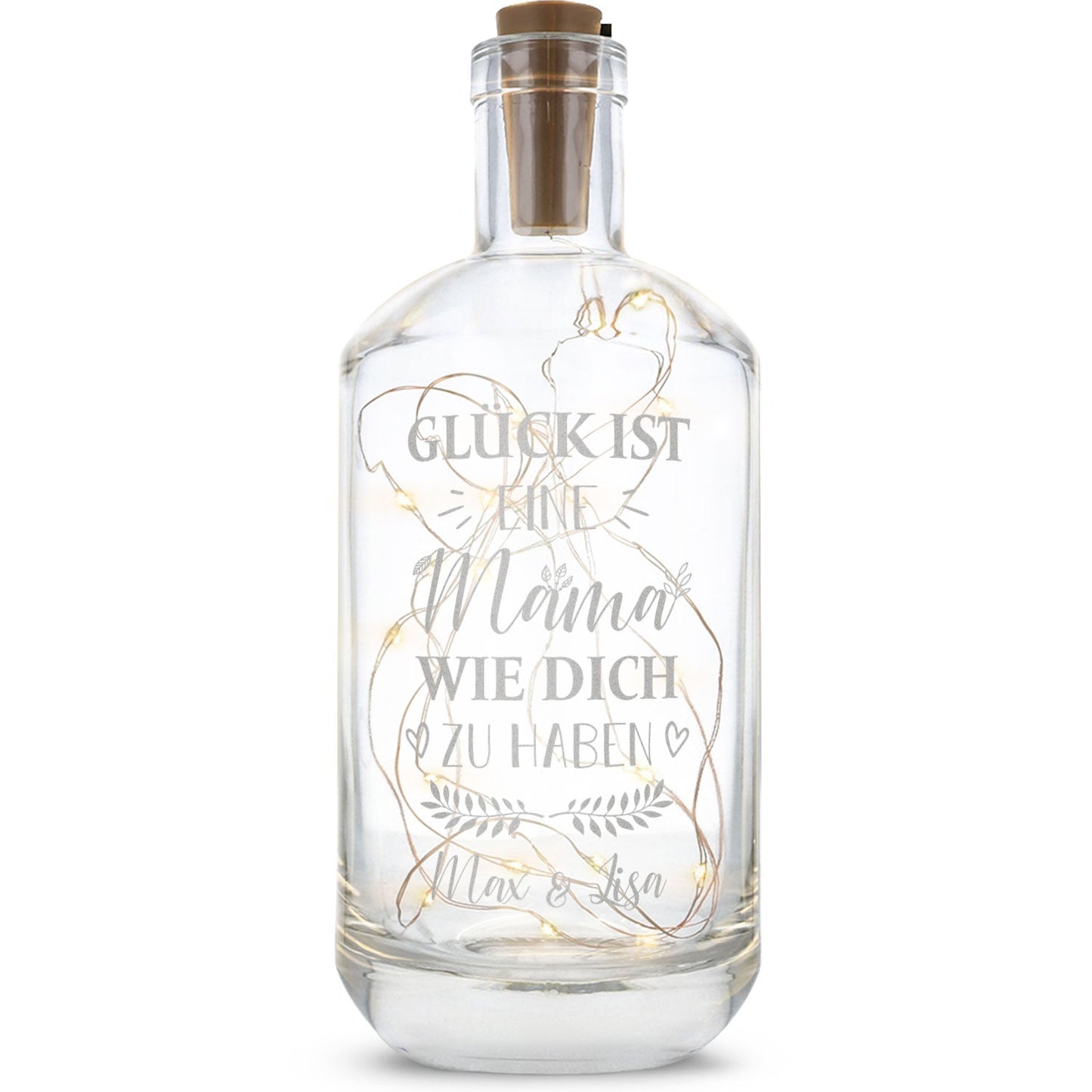 Flaschenlicht mit LED-Lichterkette und Gravur "Glück ist eine Mama wie dich zu haben"