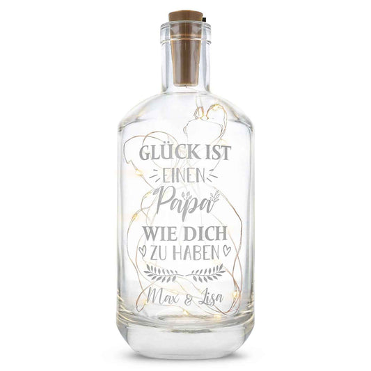 Flaschenlicht mit LED-Lichterkette und Gravur "Glück ist einen Papa wie dich zu haben"