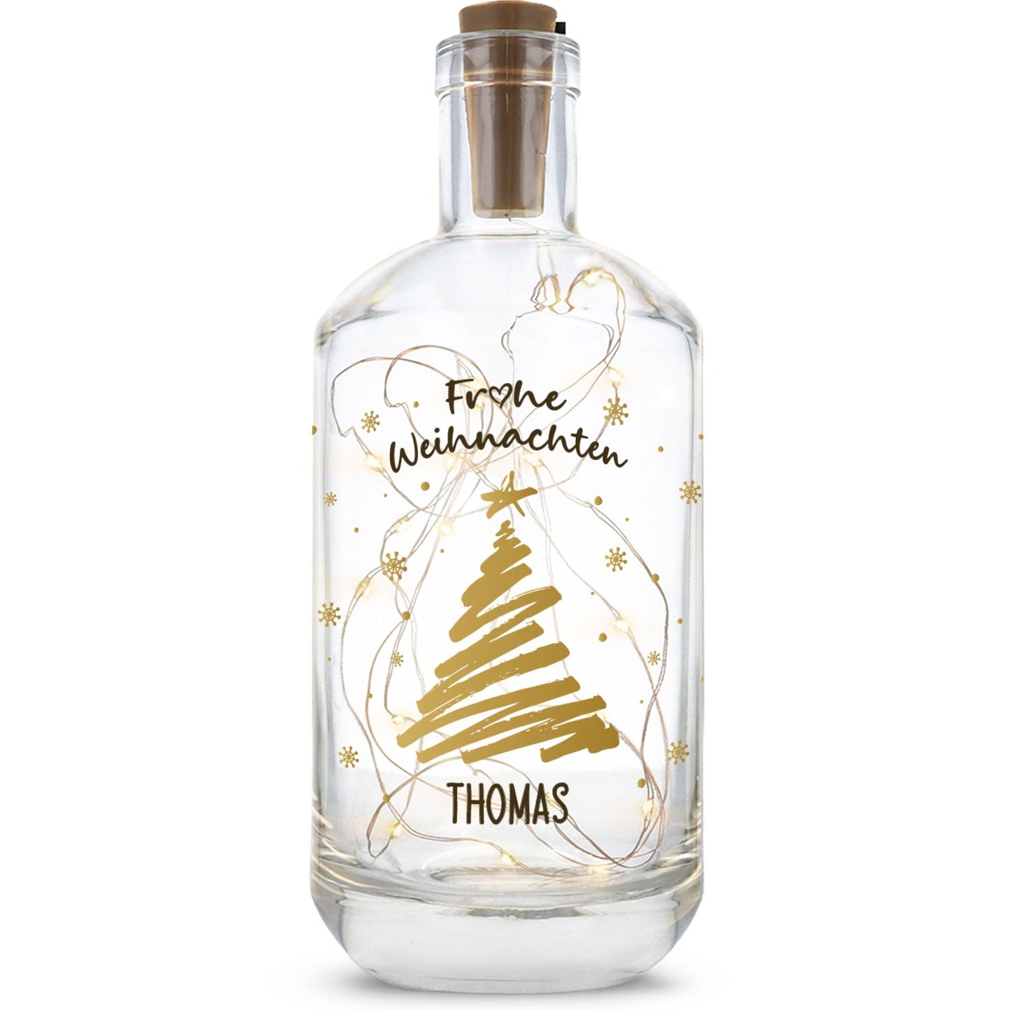 Flaschenlicht mit LED-Lichterkette und UV Druck - Weihnachtsbaum Gold Design - Personalisiert