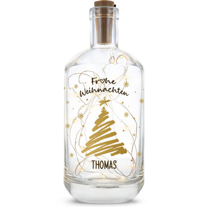 Flaschenlicht mit LED-Lichterkette und UV Druck - Weihnachtsbaum Gold Design - Personalisiert