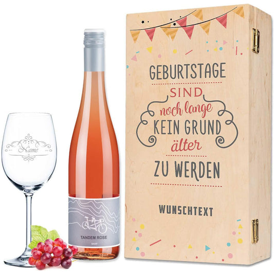 Leonardo Weinglas inkl. bedruckter Holzkiste + Weinflasche - Geburtstage sind kein Grund