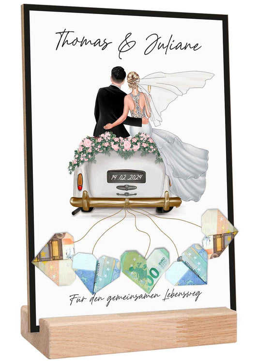 Holzschild Hochzeitsauto - Umfangreich anpassbares Geldgeschenk zur Hochzeit