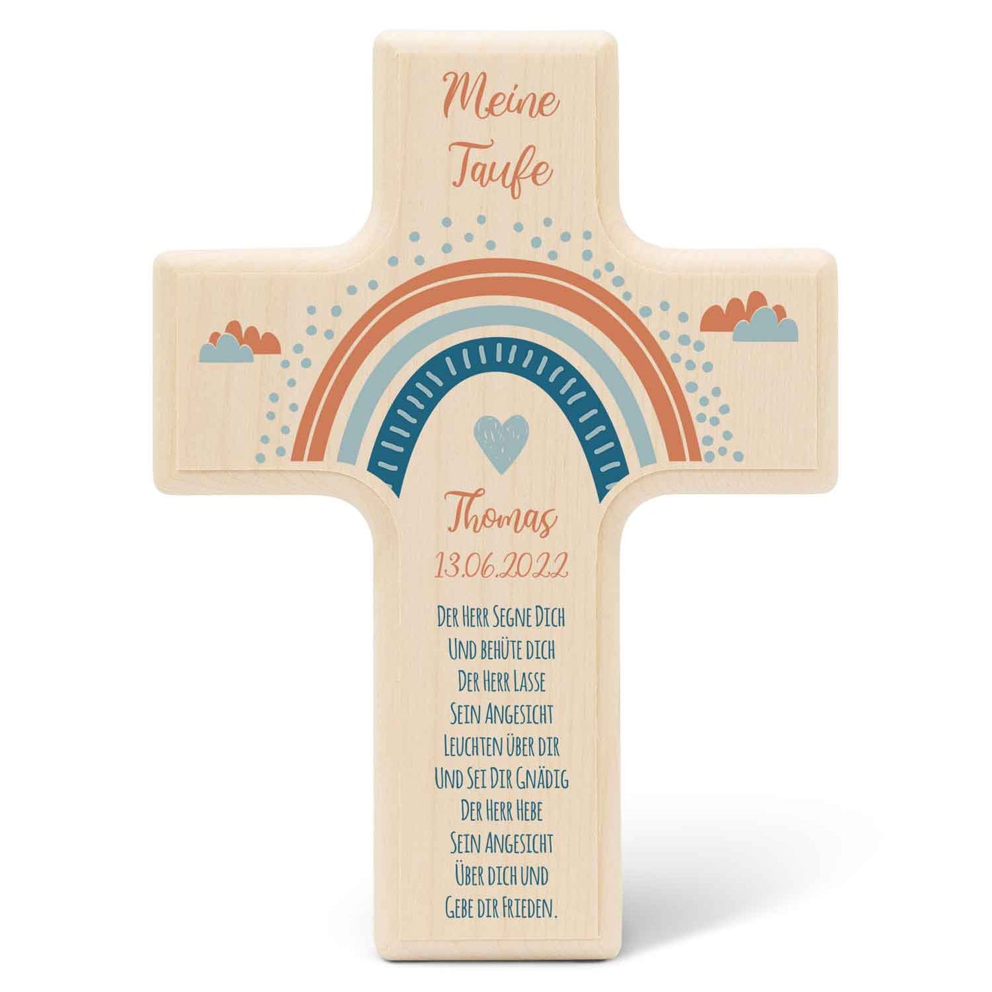 Personalisierbares Holzkreuz zur Taufe Konfirmation oder Kommunion - Regenbogen Design
