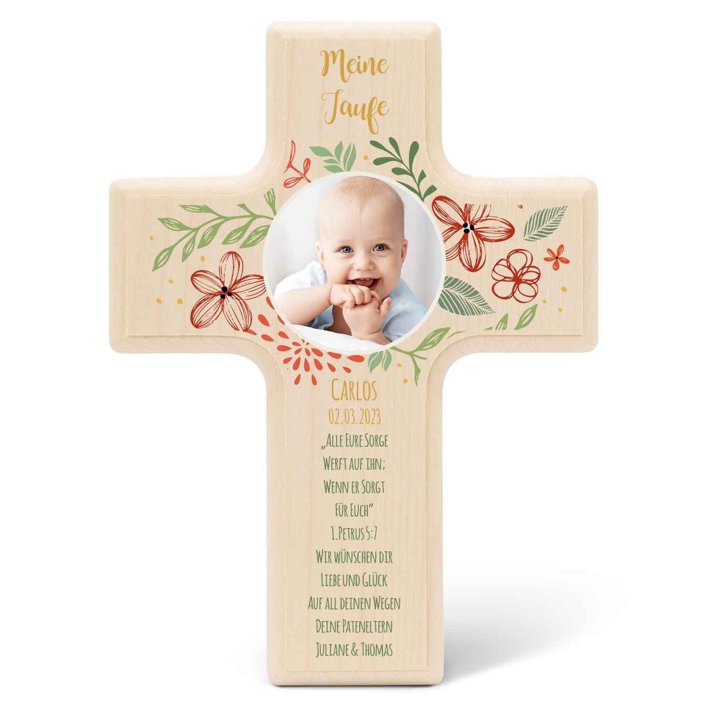 Personalisierbares Holzkreuz zur Taufe Konfirmation oder Kommunion - Mit eigenem Foto - Blumenkranz