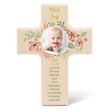 Personalisierbares Holzkreuz zur Taufe Konfirmation oder Kommunion - Mit eigenem Foto - Blumenkranz