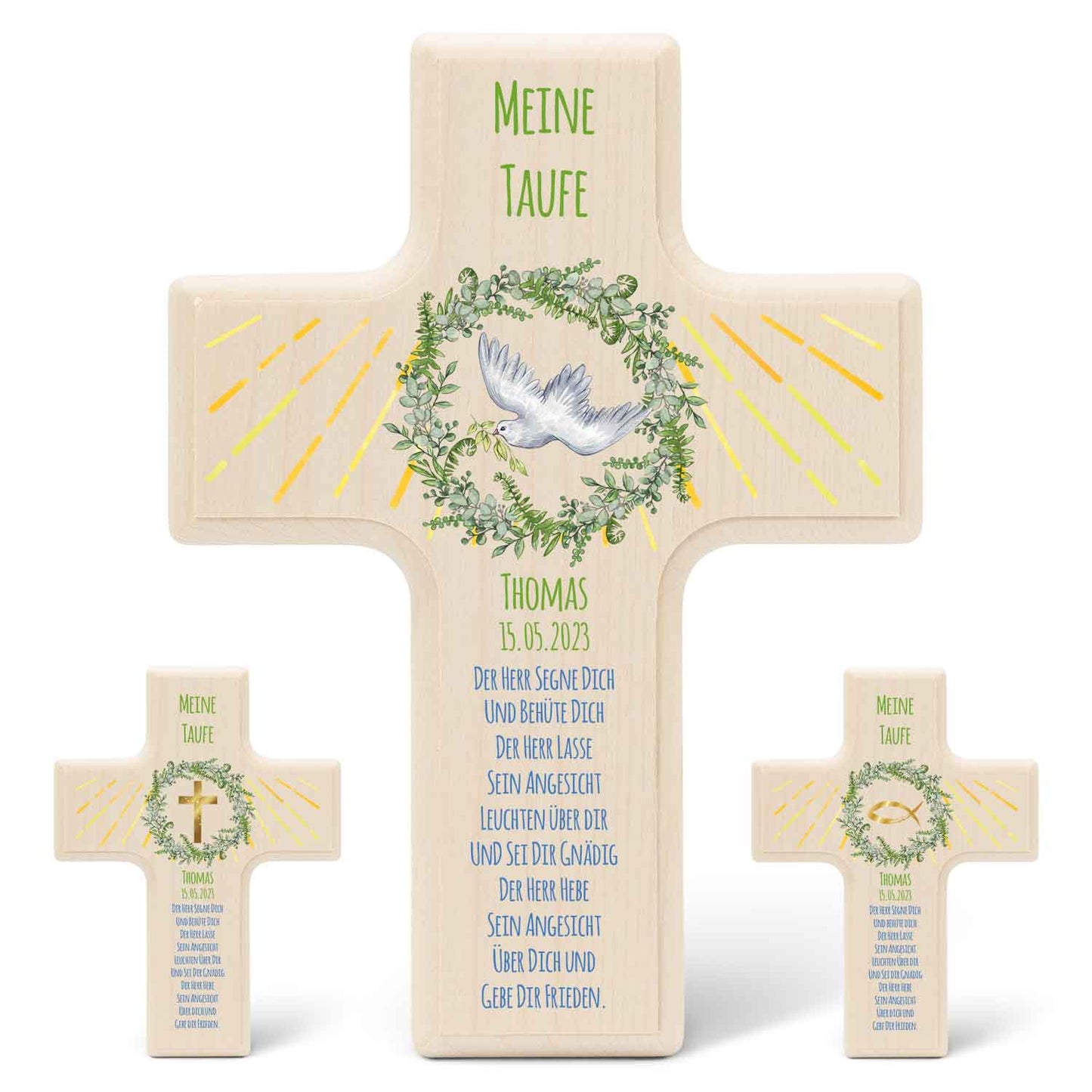Personalisierbares Holzkreuz zur Taufe Konfirmation und Kommunion - Kranz Design