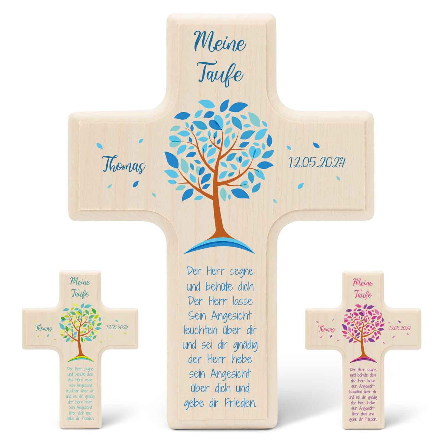 Personalisierbares Holzkreuz zur Taufe Konfirmation und Kommunion - Lebensbaum Design