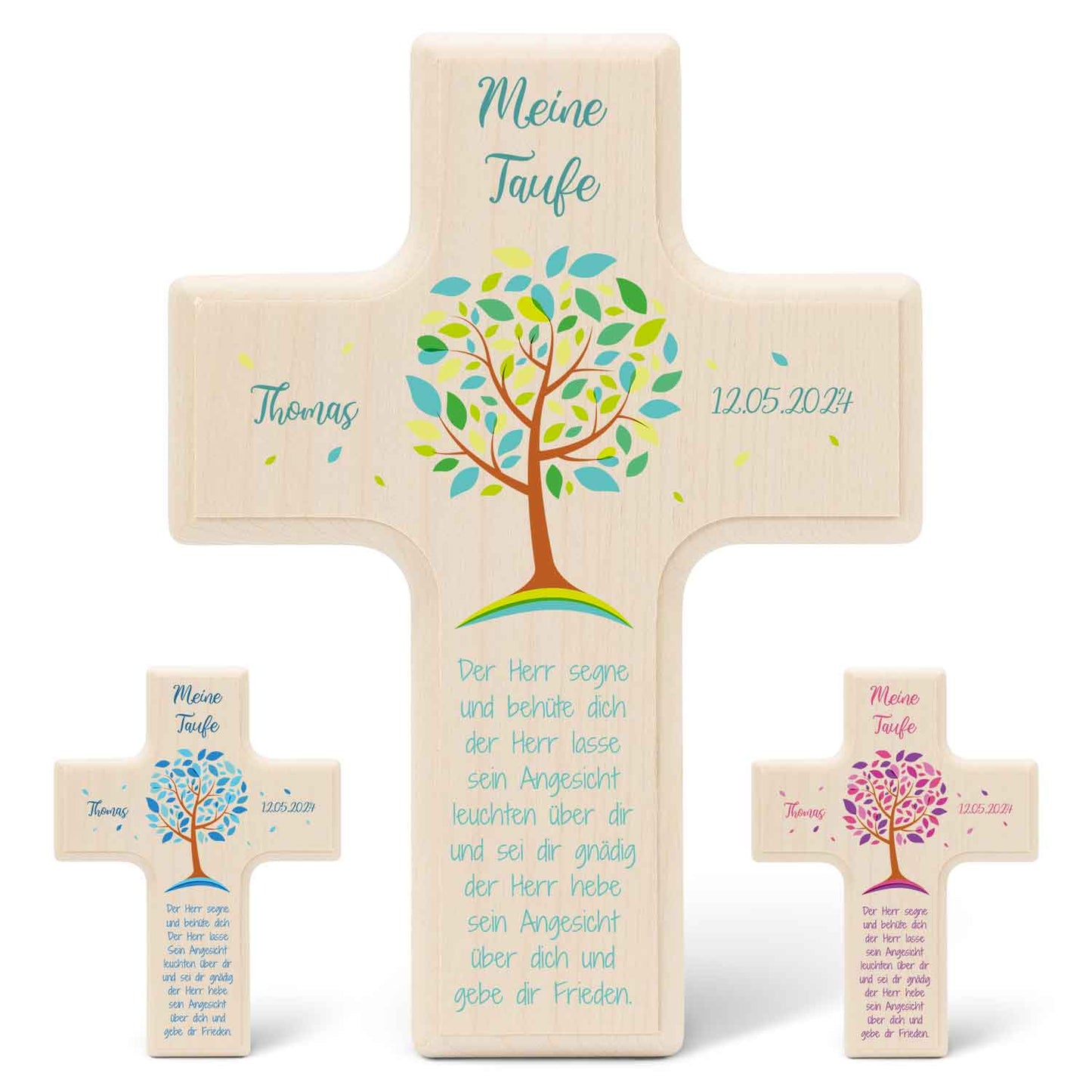Personalisierbares Holzkreuz zur Taufe Konfirmation und Kommunion - Lebensbaum Design