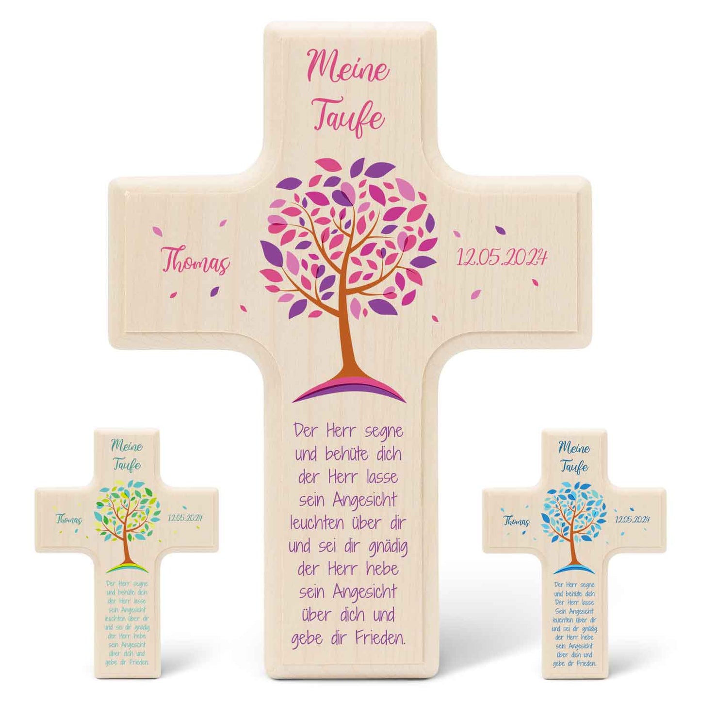 Personalisierbares Holzkreuz zur Taufe Konfirmation und Kommunion - Lebensbaum Design