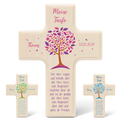 Personalisierbares Holzkreuz zur Taufe Konfirmation und Kommunion - Lebensbaum Design