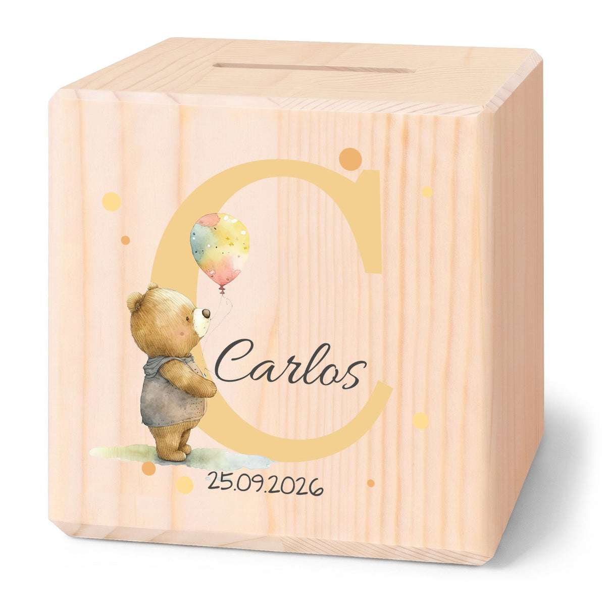 Spardose aus Holz - Initialen Tiermotive