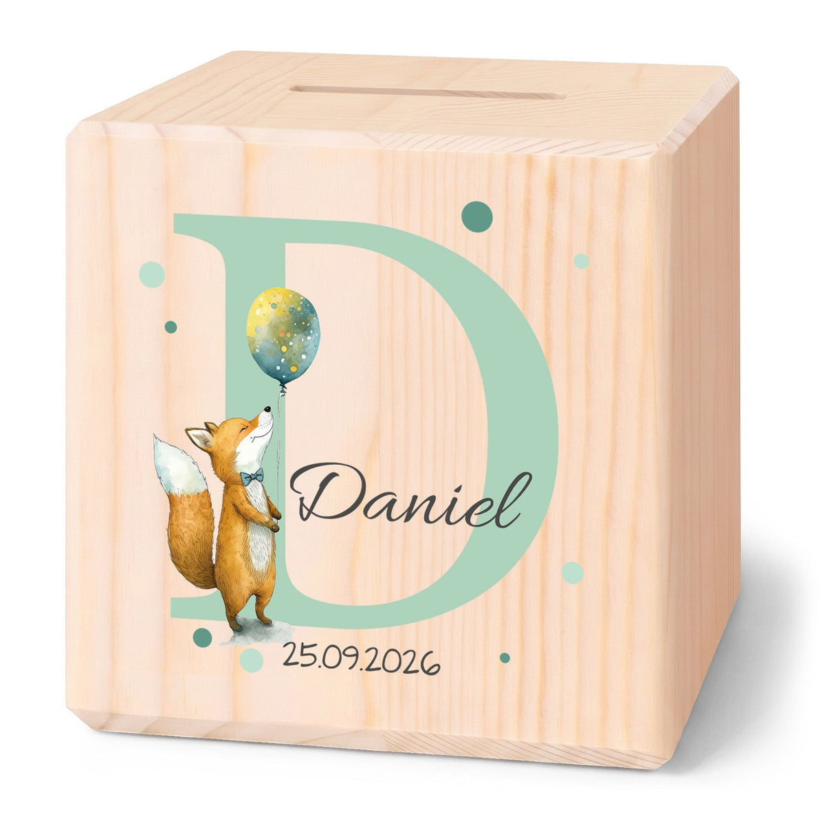Spardose aus Holz - Initialen Tiermotive
