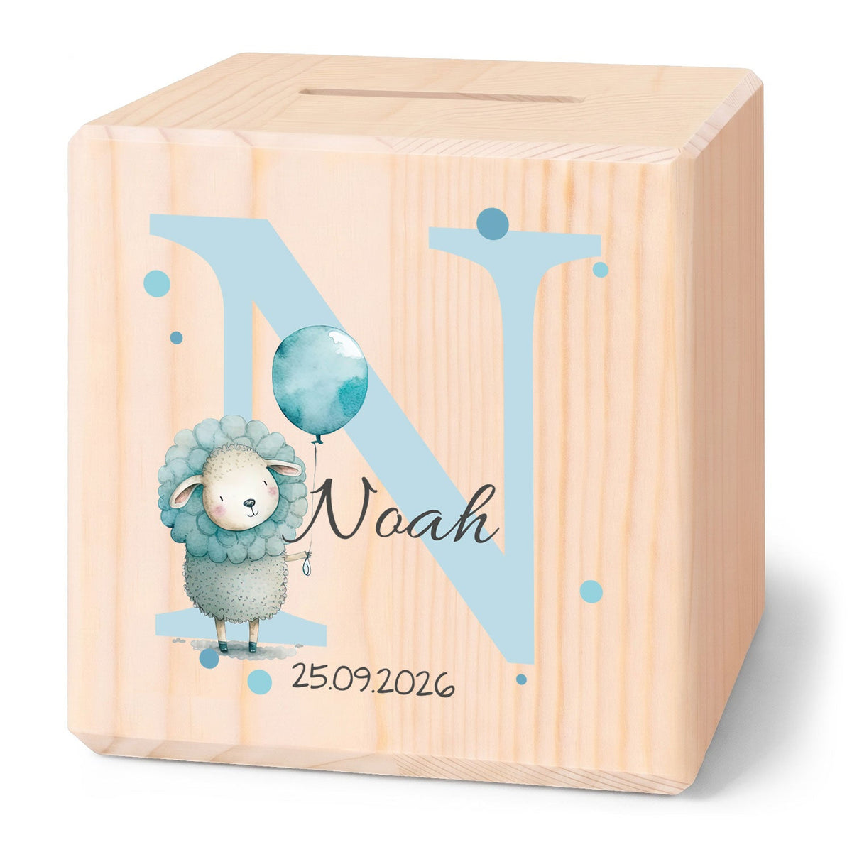 Spardose aus Holz - Initialen Tiermotive