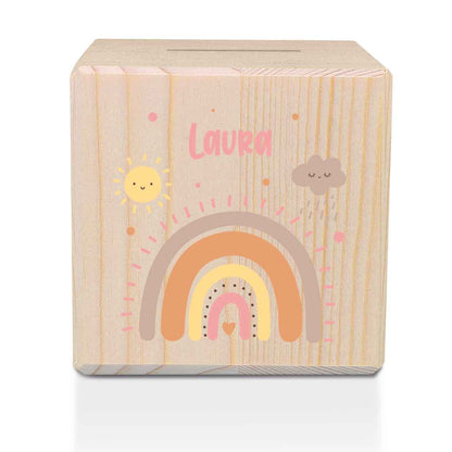 Spardose aus Holz - Regenbogen Pastell