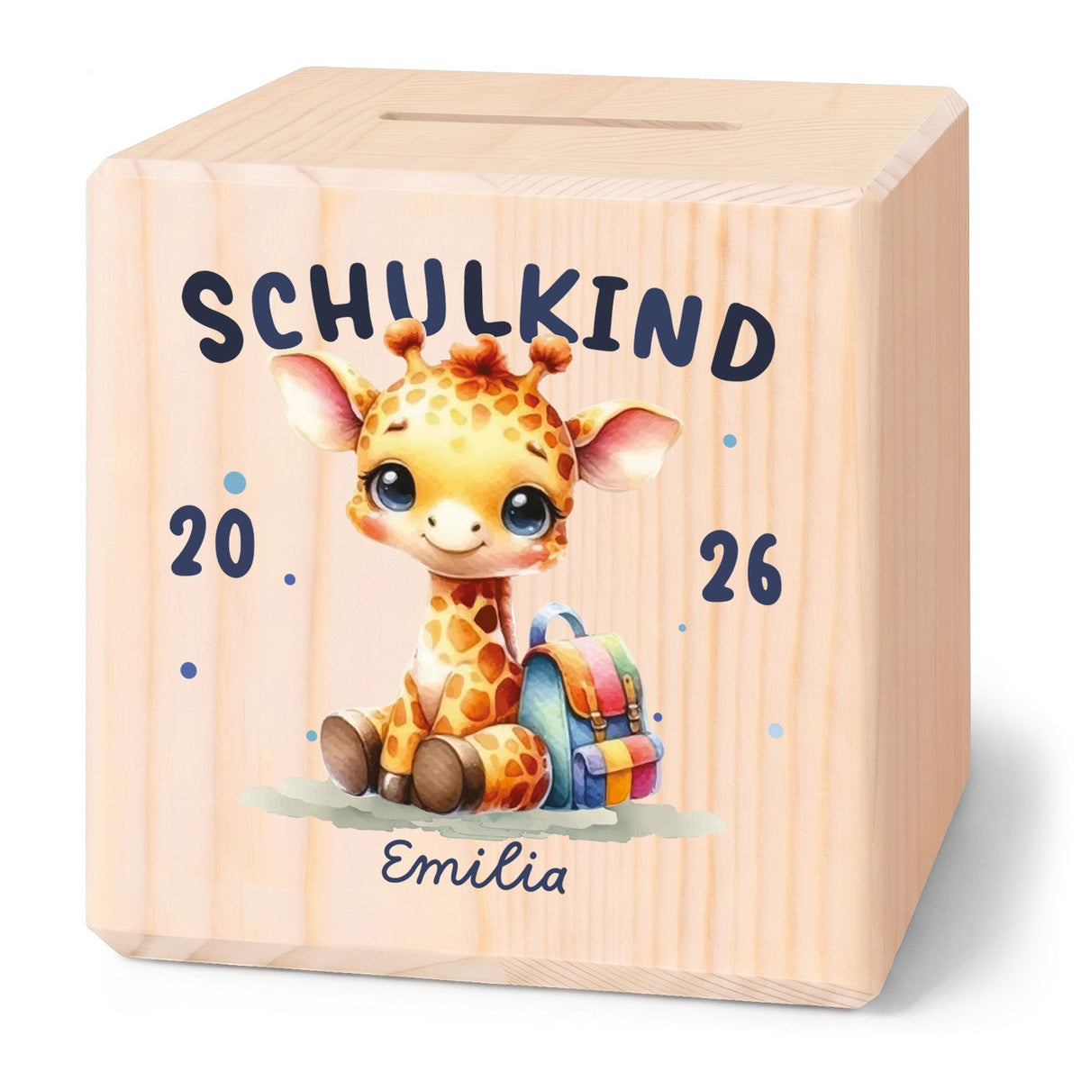 Spardose aus Holz - Schulkind
