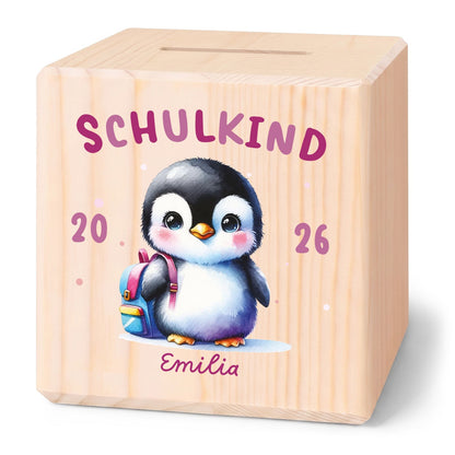 Spardose aus Holz - Schulkind