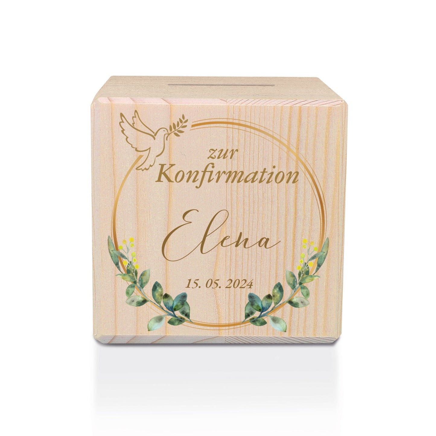 Spardose aus Holz - Taube Gold