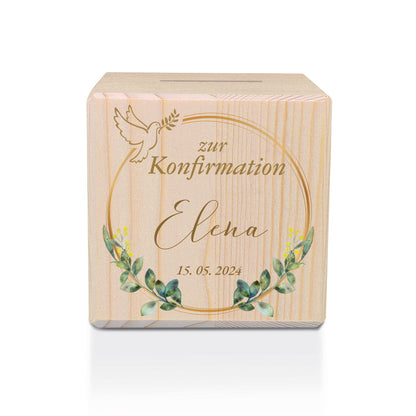 Spardose aus Holz - Taube Gold