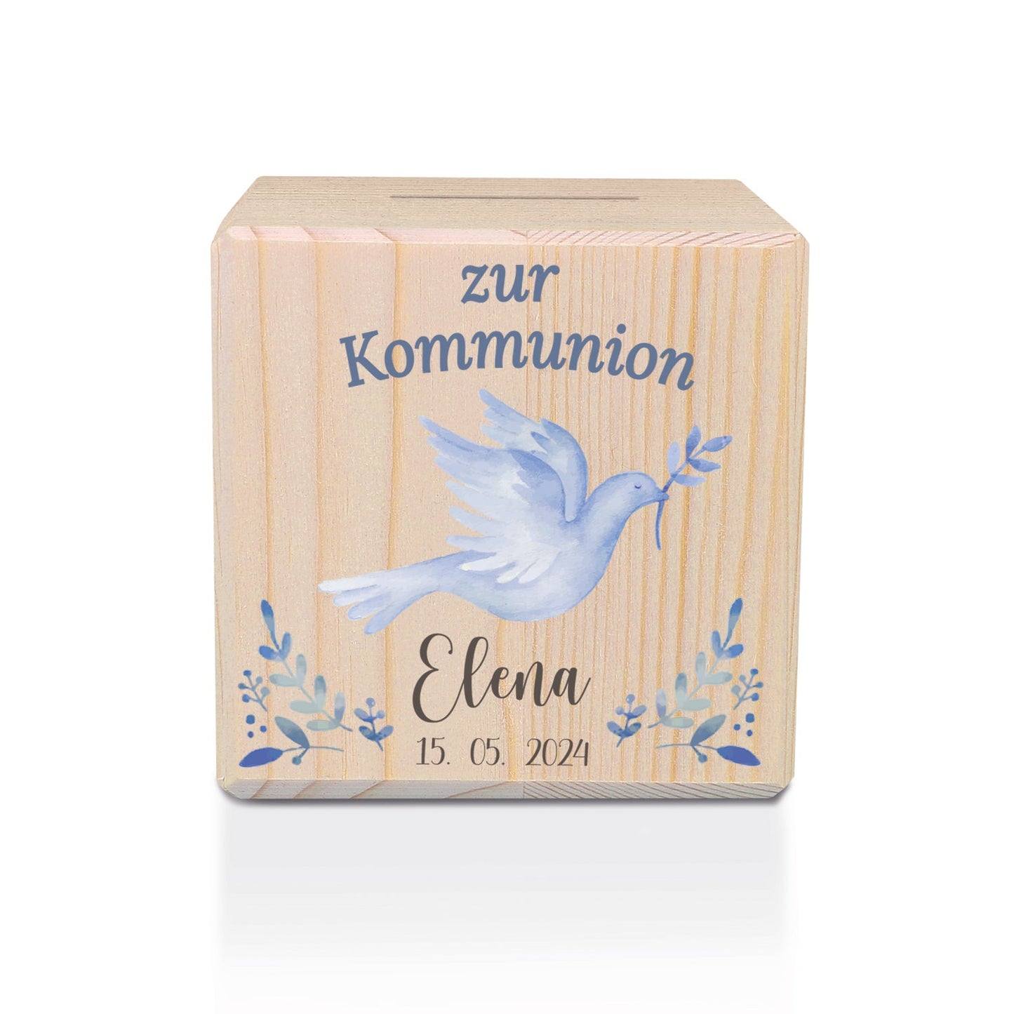 Spardose aus Holz - Taube Blau