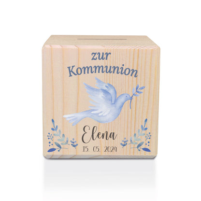 Spardose aus Holz - Taube Blau