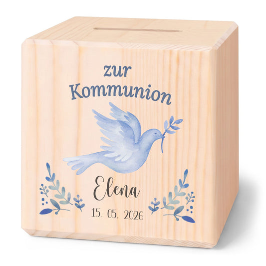 Spardose aus Holz - Taube Blau