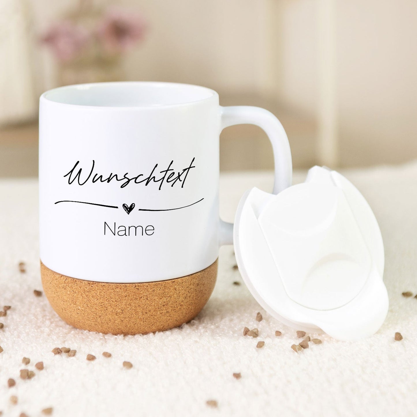 Bedruckte Tasse mit Korksockel & Deckel - Wunschtext V1