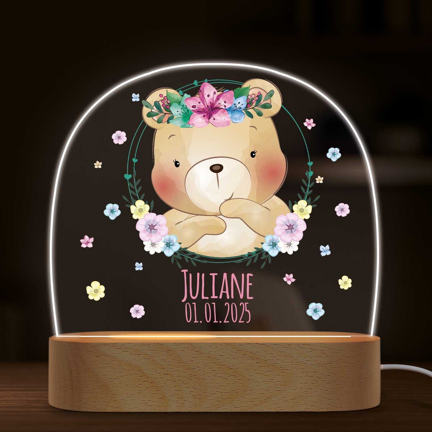 Kinder LED Nachtlicht mit Sockel aus Holz - "Blumenkreis"
