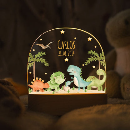 Kinder LED Nachtlicht mit Sockel aus Holz - "Dinogruppe"